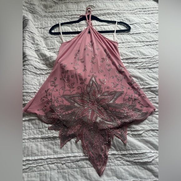 Pink Y2K Mcbling Tabom Halter Top with silver Floral Design - Picture 7 of 9
